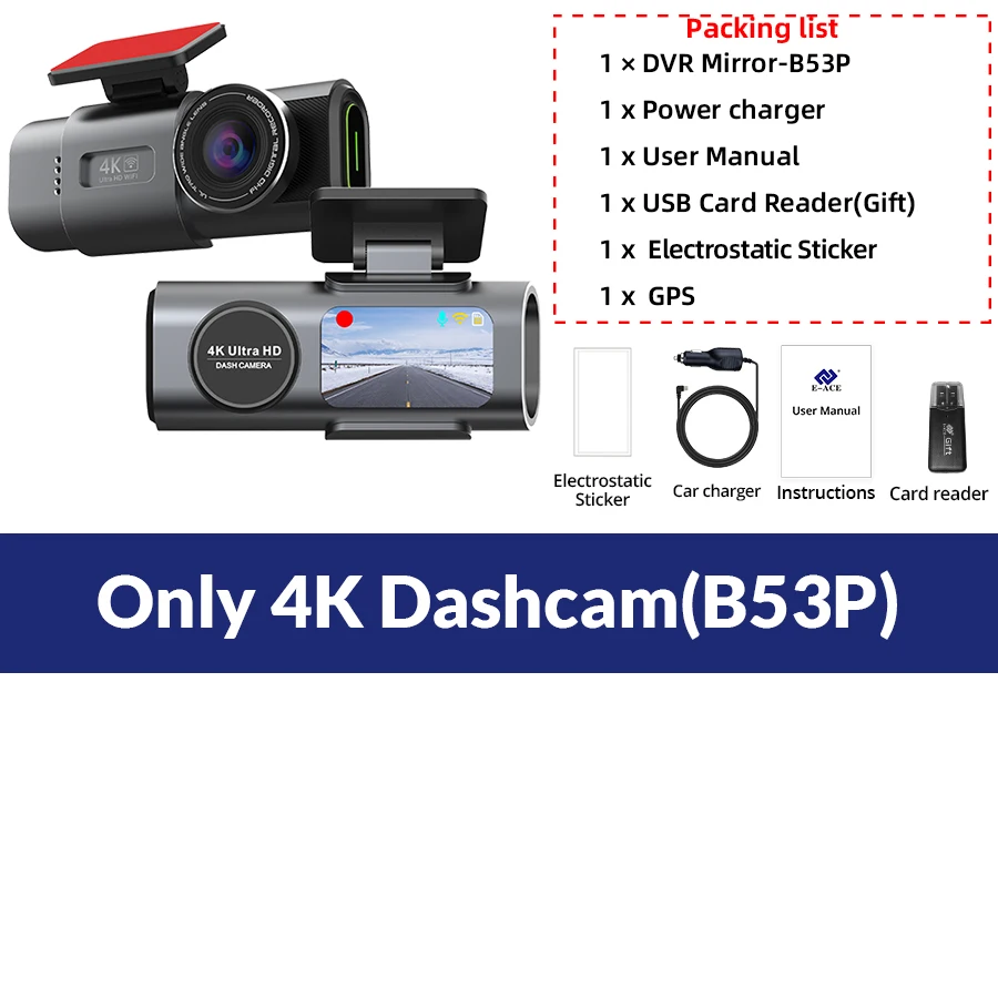 Dash Cam Dual Lens 4K UHD Recording Car Camera DVR Night Vision Video Recorder Support GPS Wi-Fi Room Black Box Rear View Camera