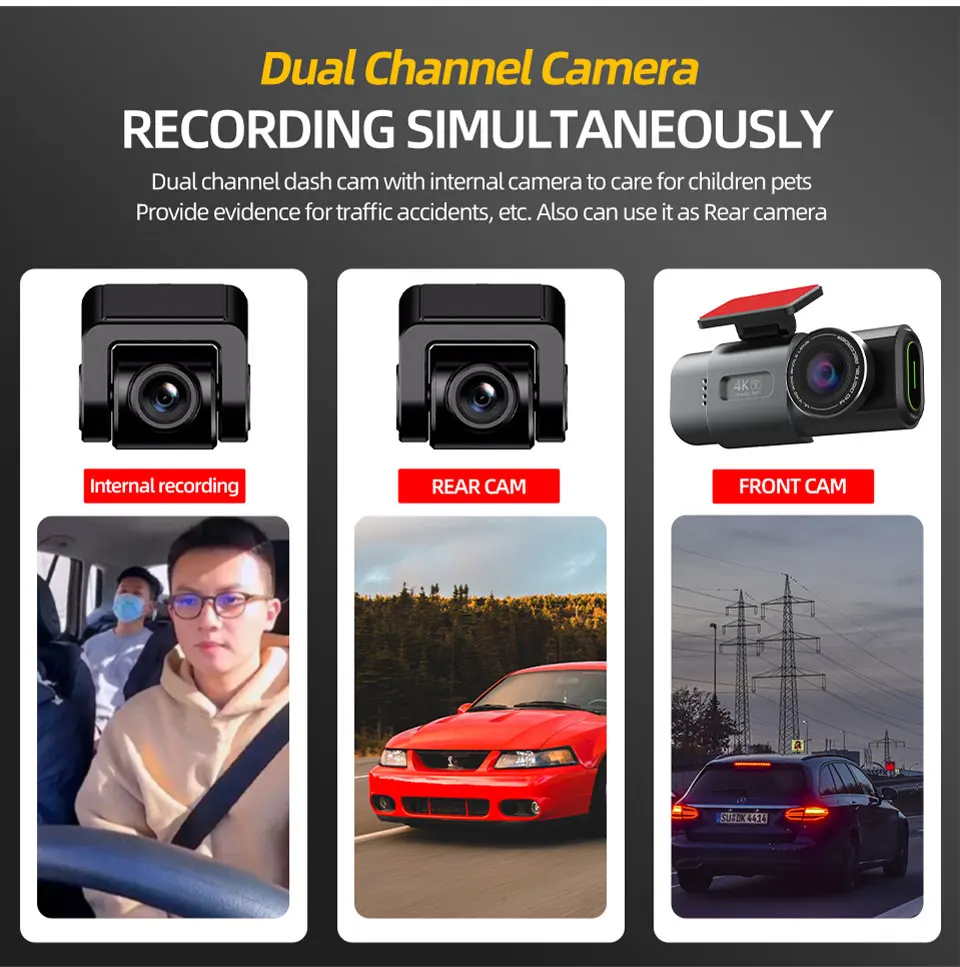 Dash Cam Dual Lens 4K UHD Recording Car Camera DVR Night Vision Video Recorder Support GPS Wi-Fi Room Black Box Rear View Camera