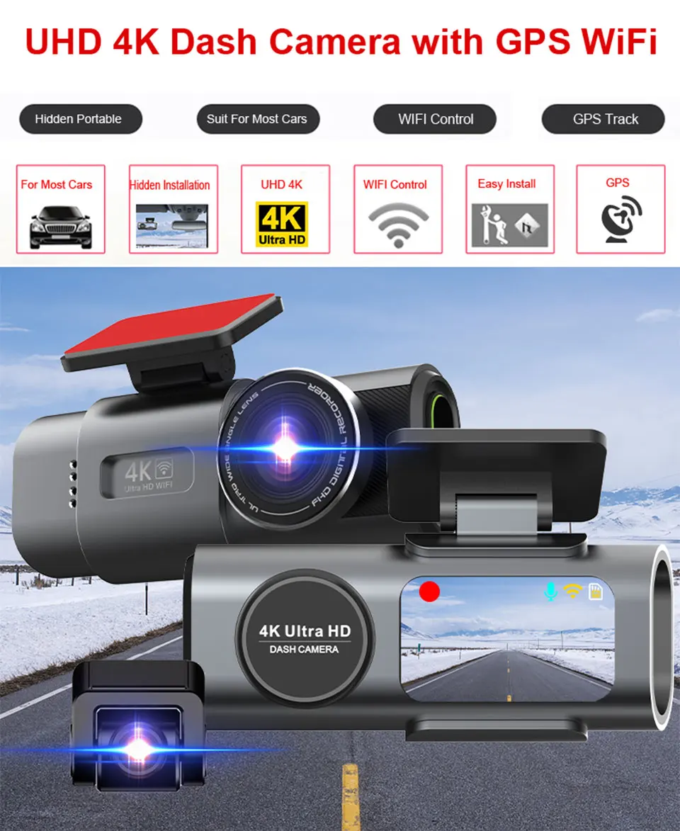 Dash Cam Dual Lens 4K UHD Recording Car Camera DVR Night Vision Video Recorder Support GPS Wi-Fi Room Black Box Rear View Camera