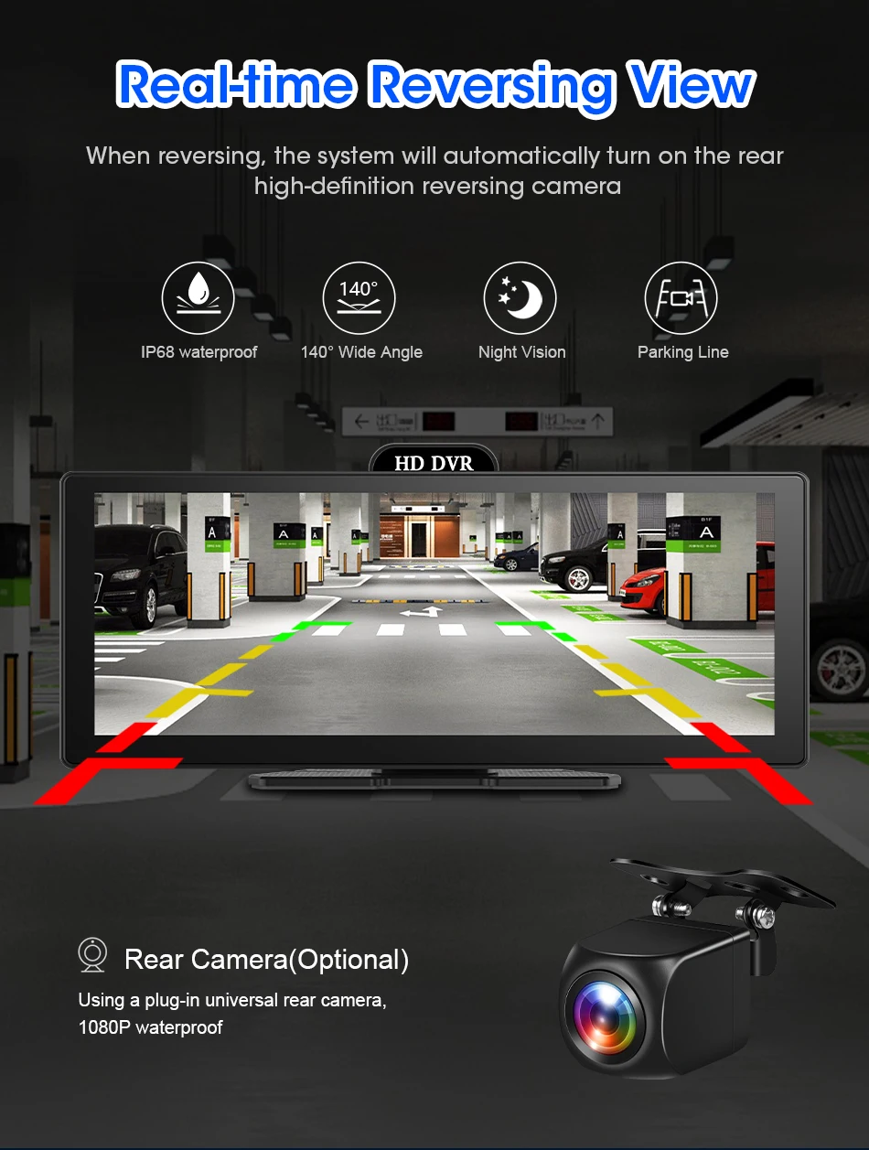 10/11.26 Inch 4K DVR Wireless CarPlay & Android Auto Dash Cam Bluetooth Audio GPS Navigation Dashboard Dual Lens Video Recorder