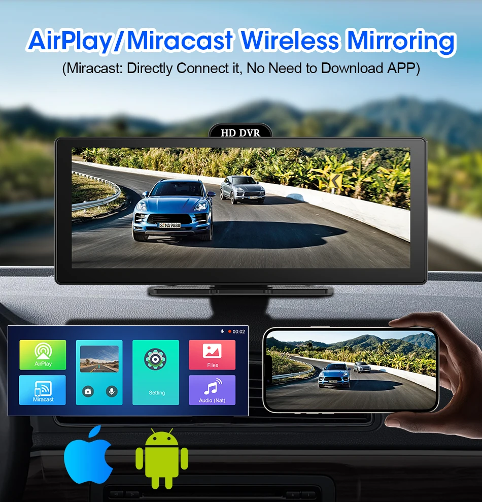 10/11.26 Inch 4K DVR Wireless CarPlay & Android Auto Dash Cam Bluetooth Audio GPS Navigation Dashboard Dual Lens Video Recorder