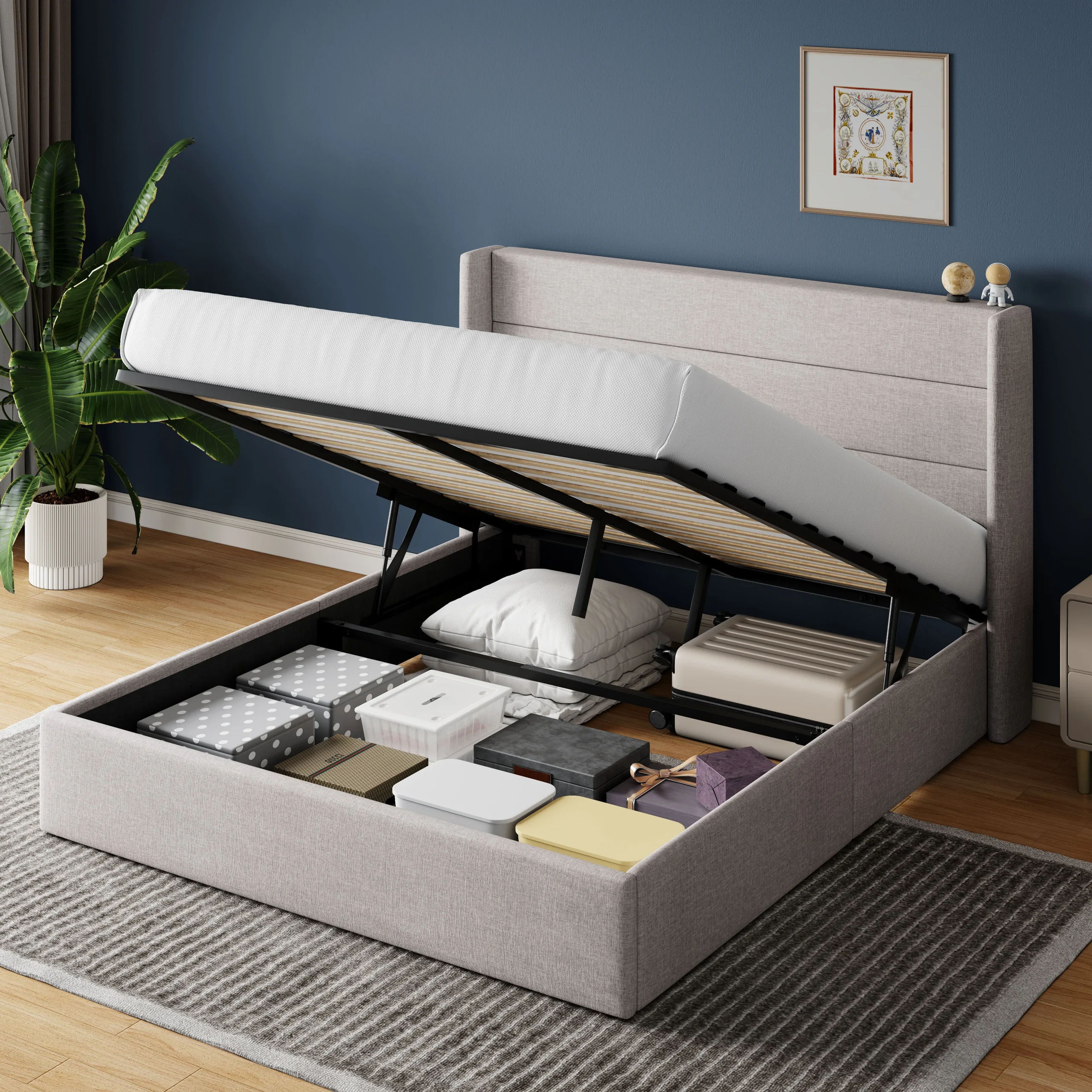 HOOMIC Lift Up Storage Bed with Wingback Headboard/Heavy-Duty Hydraulic Bed/Large Underneath Storage Allewie HOOMIC Lift Up Storage Bed with Wingback Headboard/Heavy-Duty Hydraulic Bed/Large Underneath Storage Allewie