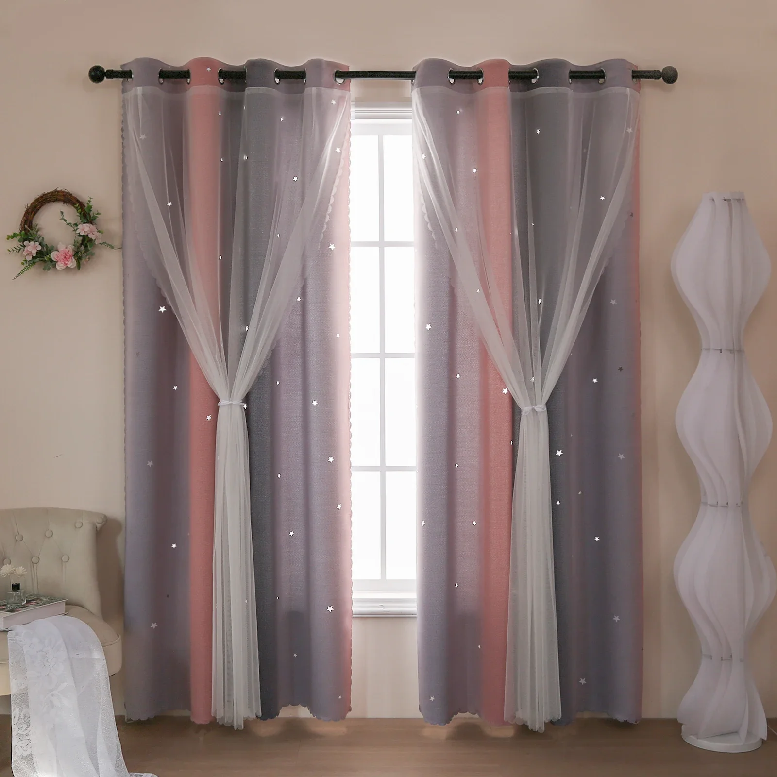 Gradient Double-Layer Perforated Curtains, Hollowed Out Stars, Children'S Room Shading Decoration, One Piece Set Gradient Double-Layer Perforated Curtains, Hollowed Out Stars, Children'S Room Shading Decoration, One Piece Set