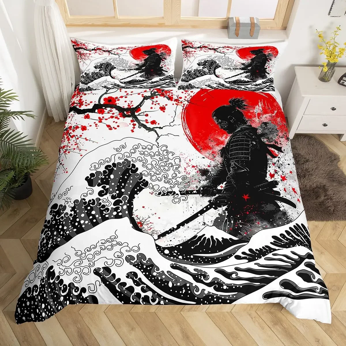 Japanese Samurai Bedding Set Full Size Cherry Blossoms Comforter Cover Red Sun Hokusai Duvet Cover Fuji Mountain Quilt Cover Japanese Samurai Bedding Set Full Size Cherry Blossoms Comforter Cover Red Sun Hokusai Duvet Cover Fuji Mountain Quilt Cover
