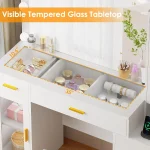 49.2" Large Vanity Desk with Mirror and Lights,White Makeup Vanity Table with Glass Top,Stool,Makeup Desk with Power Outlet 2