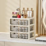 Cream Color Cosmetics Box,Multi-compartment Lipstick/Mask Organizer,Drawer Dresser for Skincare/Makeup Brushes,1–4 tiers 4
