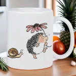 Ceramic Mug with Hedgehog Sniffing Flower & Snail Accent - Cute Garden Animals Coffee Cup, Brown Hedgehog & Pink Floral Design - 4