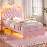 Twin Size Girl Bed with Storage Drawer & LED Lights, Upholstered Platform Bed, Adjustable Headboard with Velvet Crystal Button P 3