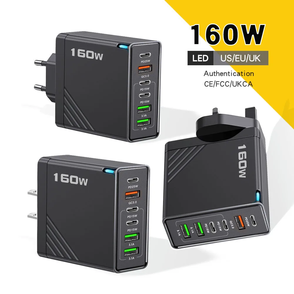160W Multi Ports USB Type C Charger Phone Charger Adapter For iPhone Samsung Xiaomi EU/US/UK Plug USB Wall Charger 160W Multi Ports USB Type C Charger Phone Charger Adapter For iPhone Samsung Xiaomi EU/US/UK Plug USB Wall Charger