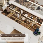 White Makeup Vanity with 11 Drawers and Glass Top Adjustable Brightness Lighting Mirror for Bedroom 3 Lighting Modes Makeup Des 5