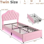 Twin Size Girl Bed with Storage Drawer & LED Lights, Upholstered Platform Bed, Adjustable Headboard with Velvet Crystal Button P 2