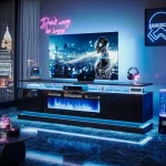 70' Modern Fireplace TV Stand, Black Media Console with Storage for TVs Up to 80', Living Room Entertainment Center
