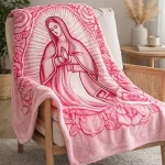 Pink Mary Floral Virgin Mary Flannel Blanket, Super Soft Prayer Throw for Mom, Grandma, Valentine's Day
