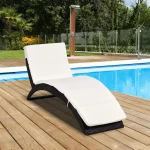 2025-NewPatio Foldable Wicker Chaise Lounge, PE Rattan Outdoor Lounge Chair, Bed with Cushion for Garden, Backyard, Lawn, Beige 2