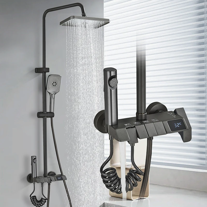 Rozin Black Smart Digital Display Shower Faucet Set Piano Style Rainlfall Bathroom System Grey Digital Mixer Tap Bidet Shower Rozin Black Smart Digital Display Shower Faucet Set Piano Style Rainlfall Bathroom System Grey Digital Mixer Tap Bidet Shower