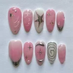 24pcs Short Almond False Nail Art Starlight Rhinestone Design Nails Tip Green Full Cover Nail Set Datachable Press on Fake Nails 4