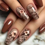 24pcs Press on Nails Flower Design Mid-length Ballet False Nail Fashion Brown Full Cover Manicure Tips Datachable Fake Nails Set 2