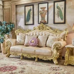 Classic Luxury Sofa Rubber Solid Wood  Golden  Antique European Royal Style Living Room Sofa Sets 1+2+3 2