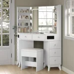 Corner Vanity Desk with Speaker 8 Drawers and 6 Shelves Modern Vanity with Mirror and Lights Makeup Vanity with Glass Top 3 Col 3