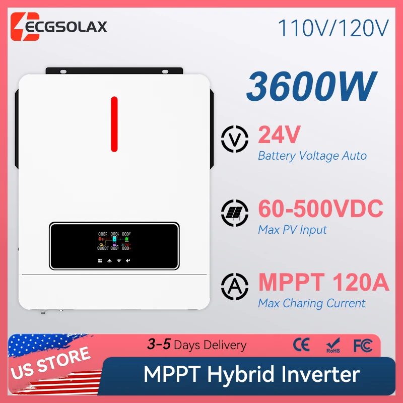 ECGSOLAX 3.6KW 24V Hybrid Solar Inverter 110V/120V 120A MPPT Charging Controller Off gird Pure Sine Wave Hybrid Inverter ECGSOLAX 3.6KW 24V Hybrid Solar Inverter 110V/120V 120A MPPT Charging Controller Off gird Pure Sine Wave Hybrid Inverter