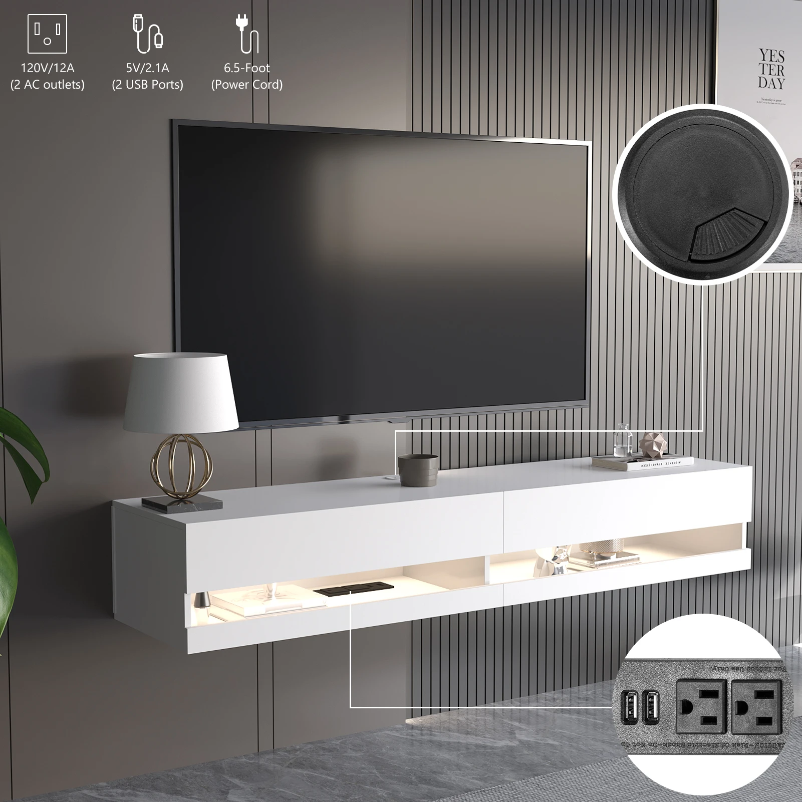 71" Floating TV Stand for 75/80" TV, Wall Mounted LED TV Stand w/Power Outlets, Modern High Gloss Media Console, White/Black 71" Floating TV Stand for 75/80" TV, Wall Mounted LED TV Stand w/Power Outlets, Modern High Gloss Media Console, White/Black