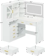 L-Shaped Corner Vanity Desk with LED Lighted Mirror & Charging Station, White Makeup Vanity with 6 Drawers & Sliding RGB Cabinet 4