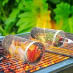 Barbecue Grill Grate Barbecue Cages Camping Picnic Cookware Outdoor Round BBQ Campfire Grill Grid Rolling Grill Basket 2