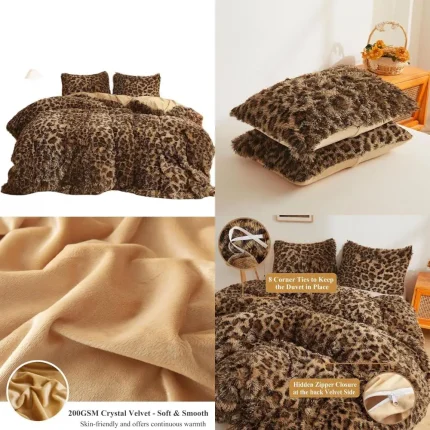 Cheetah Print Fluffy Faux Fur Duvet Cover Set, 2 Pieces Soft Plush Shaggy Farmhouse Fuzzy Bedding Set(1 Faux Fur Leopard Print C