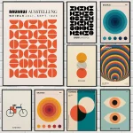 Abstract Orange Bauhaus Geometric Poster Pop Art Sunrise & Bicycle Wall Art Prints for Modern Living Room Dormitory Home Decor