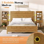 Farmhouse Style King Bed with Wide Headboard, 4-Tier Shelves, Charging Station, 2 Drawers, No Box Spring Required, Natural Oak F 4