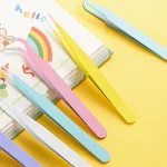 Stainless Steel Straight Curved Tweezers Colorful Pink Blue Purple DIY Eyelash Tweezer Nail Art Sticker Rhinestones Picking Tool 3
