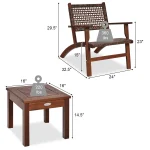 3 Pieces Patio Conversation Set, Solid Eucalyptus Wood Frame Outdoor Wicker Furniture Set Bistro Set with Coffee Table, Rattan F 5