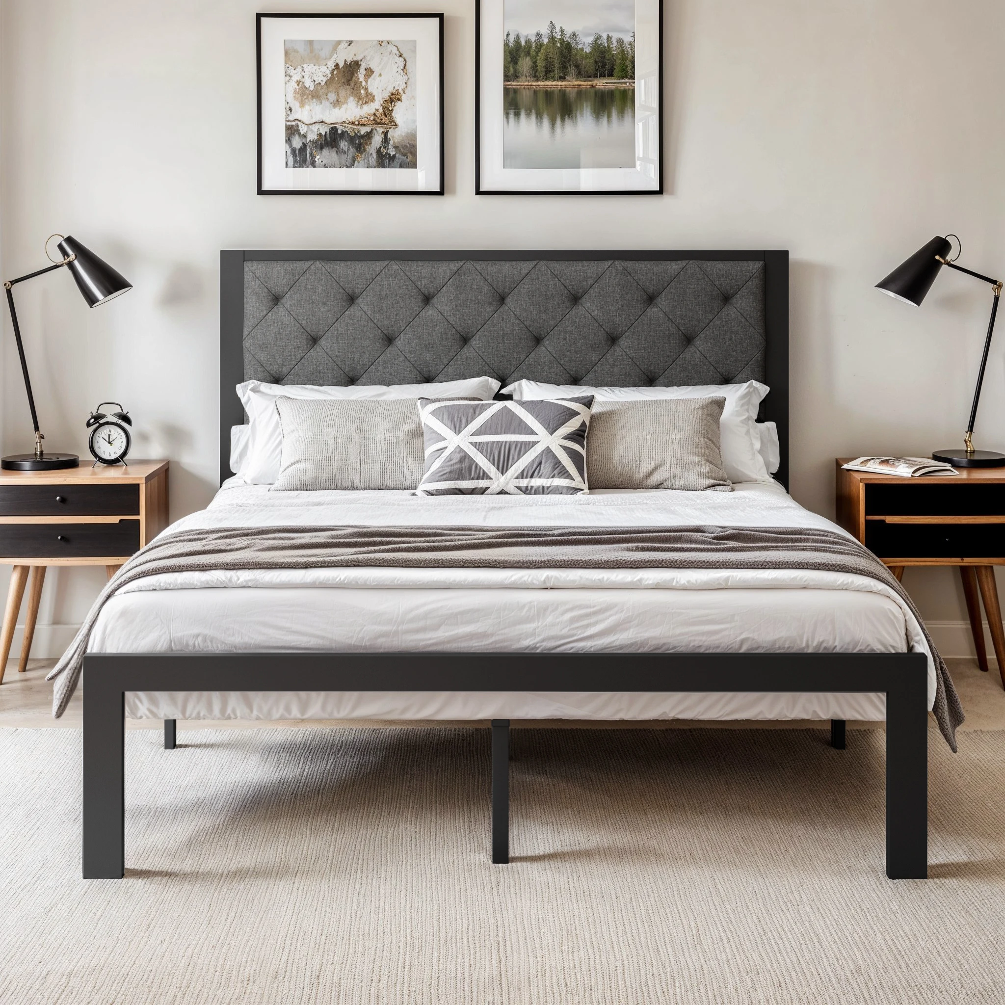 HOOMIC Metal Bed Frame with Upholstered Finely Stitched Headboard, Linen Fabric, Sturdy Foundation, No Box Spring Needed HOOMIC Metal Bed Frame with Upholstered Finely Stitched Headboard, Linen Fabric, Sturdy Foundation, No Box Spring Needed