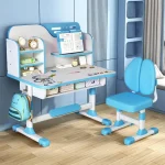 2Pcs/Set Premium Kids Study Desk Chair Set Height Adjustable Children School Study Table Chair Set Pattern Bookshelf And Drawer