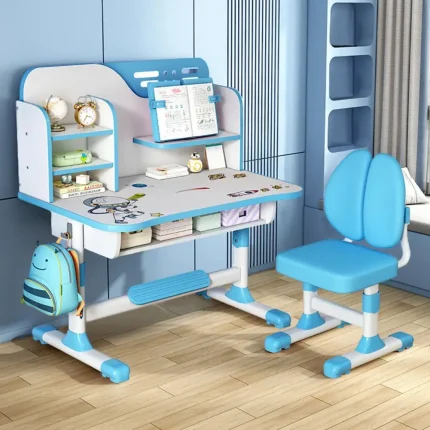 2Pcs/Set Premium Kids Study Desk Chair Set Height Adjustable Children School Study Table Chair Set Pattern Bookshelf And Drawer