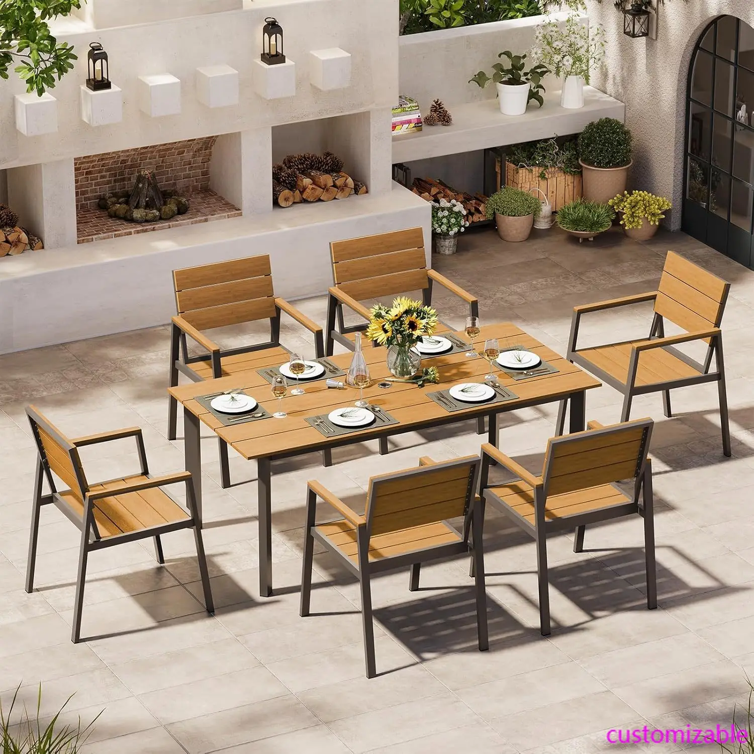Outdoor Dining Set for 6, Patio Table and Chairs Set with Umbrella Hole, 7 Pieces HDPS Outdoor Furniture Sets for Patio, Garden Outdoor Dining Set for 6, Patio Table and Chairs Set with Umbrella Hole, 7 Pieces HDPS Outdoor Furniture Sets for Patio, Garden