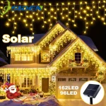 NEW Solar Christmas Icicle Lights 162/96 LED 8 Modes Waterproof Curtain String Lights for Outdoor Garden Room Holiday Lighting