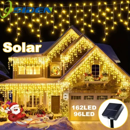 NEW Solar Christmas Icicle Lights 162/96 LED 8 Modes Waterproof Curtain String Lights for Outdoor Garden Room Holiday Lighting