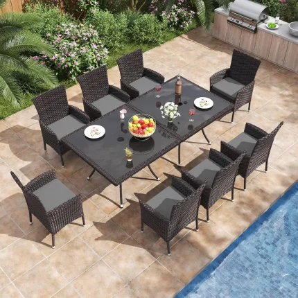 10 Piece Patio Dining Set All-Weather Wicker Outdoor Patio Furniture Set W/Tempered Glass Tabletop, Removable, Customized