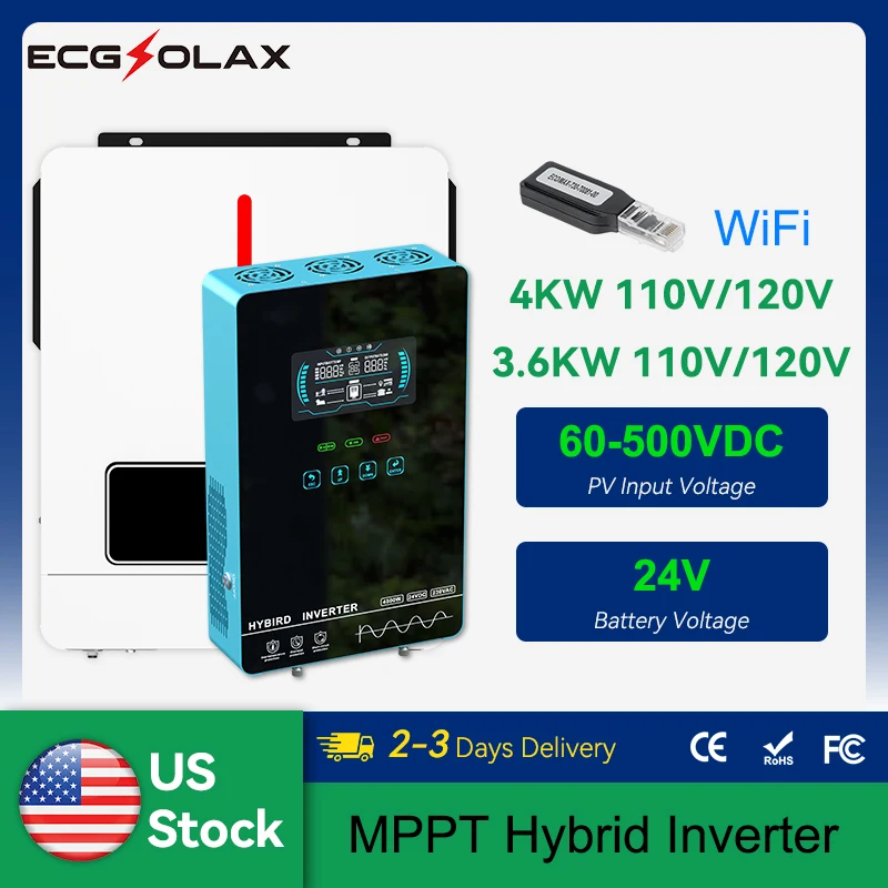 ECGSOLAX 3.6KW 4KW Hybrid Solar Inverter 24V 110/120V With MPPT 110A 120A Charging Controller Pure Sine Wave Hybrid Inverter ECGSOLAX 3.6KW 4KW Hybrid Solar Inverter 24V 110/120V With MPPT 110A 120A Charging Controller Pure Sine Wave Hybrid Inverter