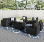 8 Pieces Patio Furniture Set with 44" Propane Gas Fire Pit Table, Outdoor Sectional Wicker Conversation Sofa Sets with Coffee Ta 4