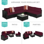 7-piece modular outdoor sectional wicker patio conversation set w/ 2 pillows, coffee table, cover included - black/deep burgund 2