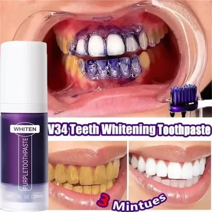 V34 Purple Teeth Whitening Toothpaste Remove Plaque Stains Cleaning Oral Hygiene Dental Bleach Tools Fresh Breath Teeth Care