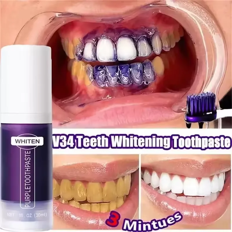 V34 Purple Teeth Whitening Toothpaste Remove Plaque Stains Cleaning Oral Hygiene Dental Bleach Tools Fresh Breath Teeth Care V34 Purple Teeth Whitening Toothpaste Remove Plaque Stains Cleaning Oral Hygiene Dental Bleach Tools Fresh Breath Teeth Care
