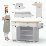 60" Mobile Kitchen Islands Rolling Trolleys Kitchen Island Table Drop Leaf Home Carts with Power Outlet Spice Towel Rack Trash 2