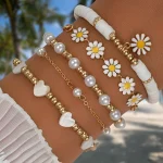 4pcs Vintage Daisy Flower Pendant Faux Pearl Bracelet Set for Women Bohemian Beaded Enamel Star Stackable Hand String Jewelry 2