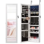 DUMOS 6 LEDs Mirror Jewelry Cabinet, Wall or Door Mounted Jewelry Organizer, 47.2Inch Tall Lockable Large Capacity Cosmetic Sto