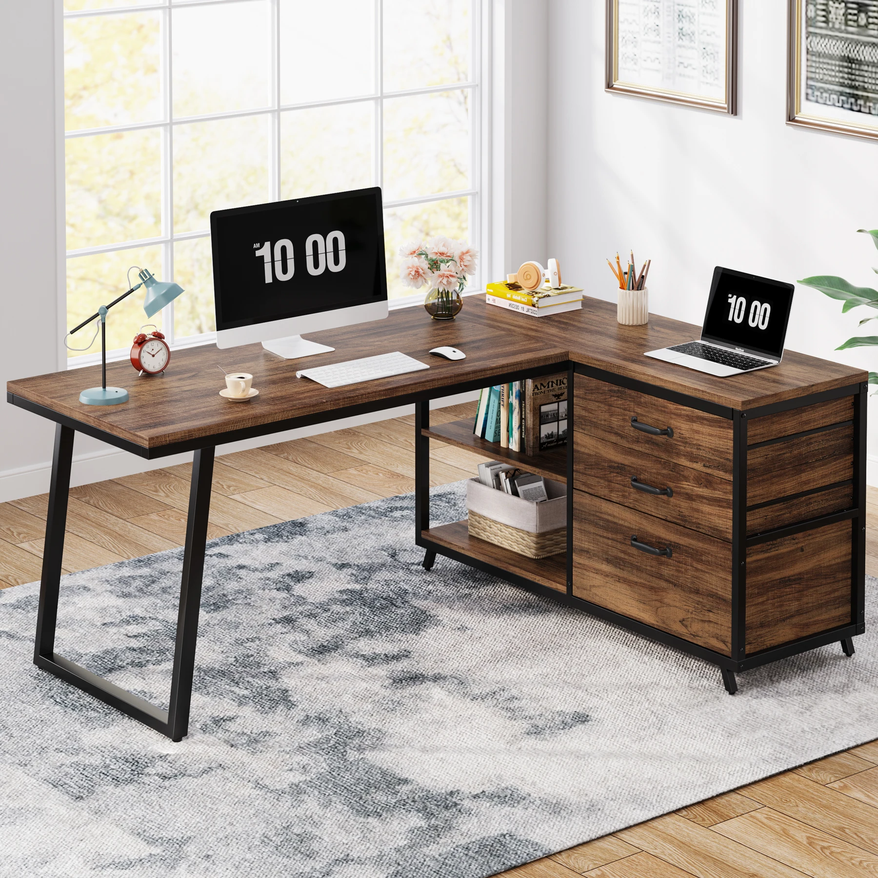 Tribesigns L-Shaped Computer Desk with 3 Drawers, Reversible Corner Home Office Desk with Shelves, 53-Inch Industrial PC Desk St Tribesigns L-Shaped Computer Desk with 3 Drawers, Reversible Corner Home Office Desk with Shelves, 53-Inch Industrial PC Desk St