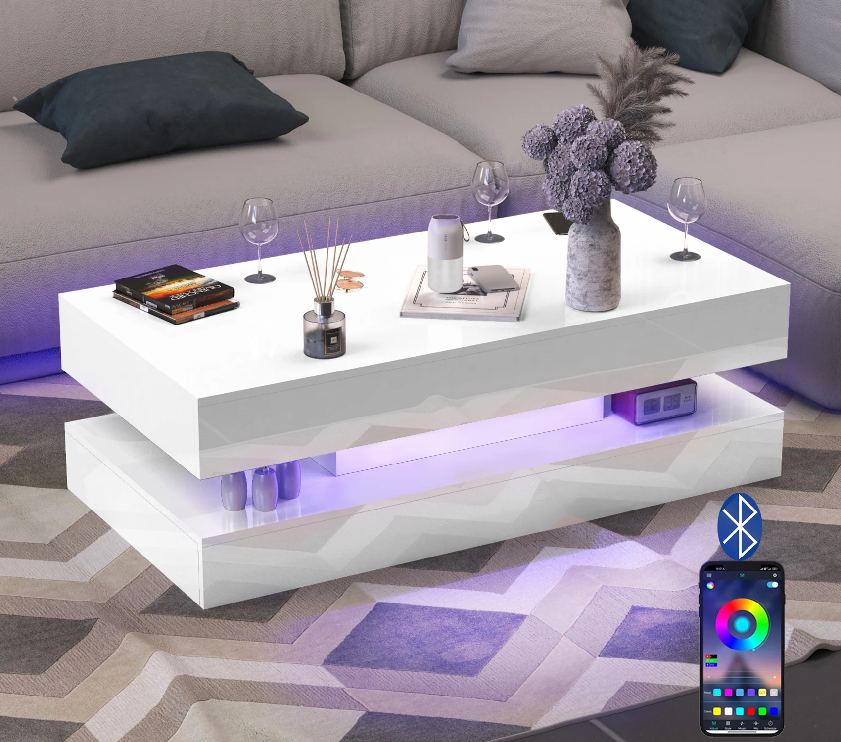 47.3IN High Glossy LED Coffee Table,Modern Center Table with 2 Storage Drawers for Living Room 47.3IN High Glossy LED Coffee Table,Modern Center Table with 2 Storage Drawers for Living Room