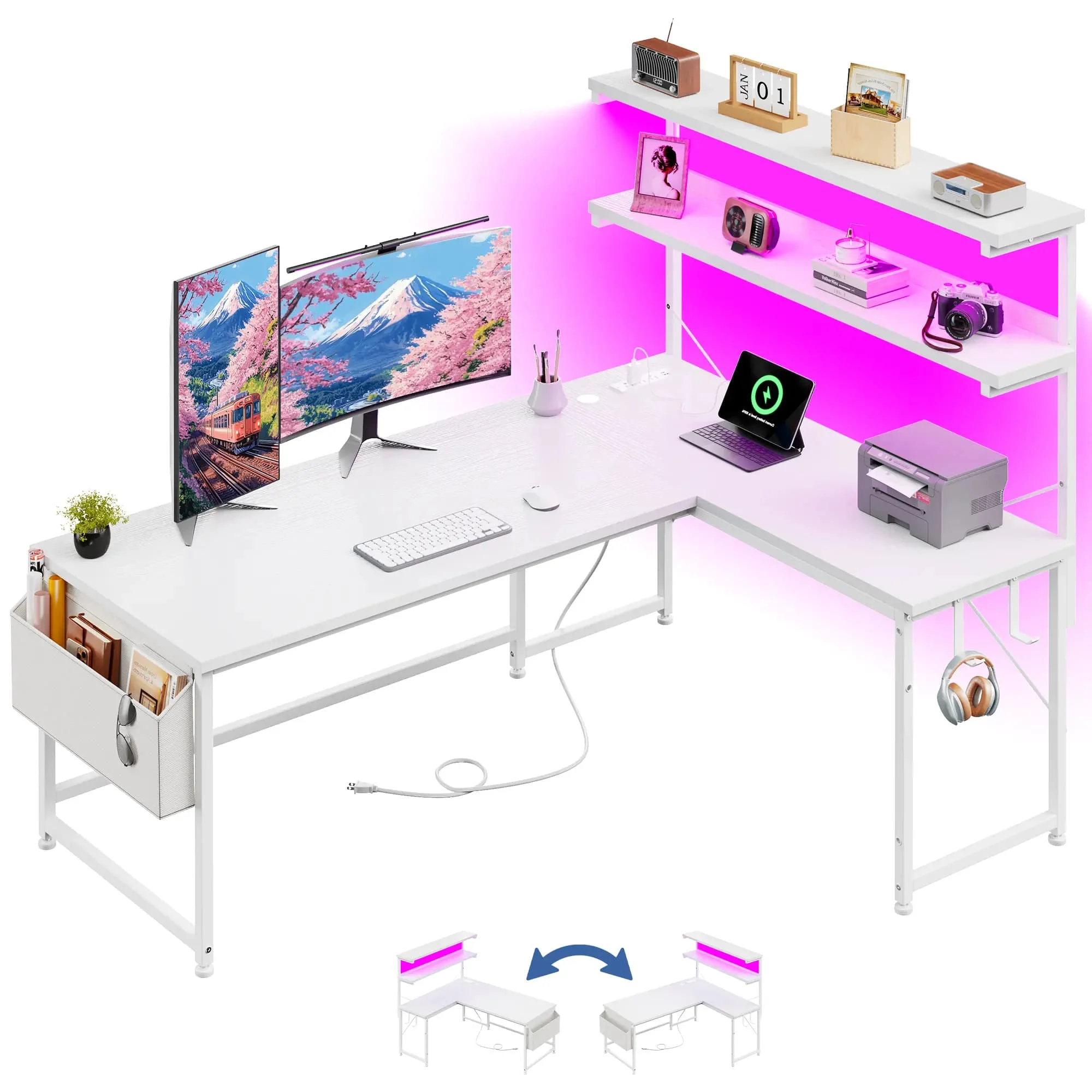 Reversible L Shaped Desk Computer Desk with LED Light & Power Outlet Gaming Desk with Shelf & Storage Bag & Hook for Home Office Reversible L Shaped Desk Computer Desk with LED Light & Power Outlet Gaming Desk with Shelf & Storage Bag & Hook for Home Office